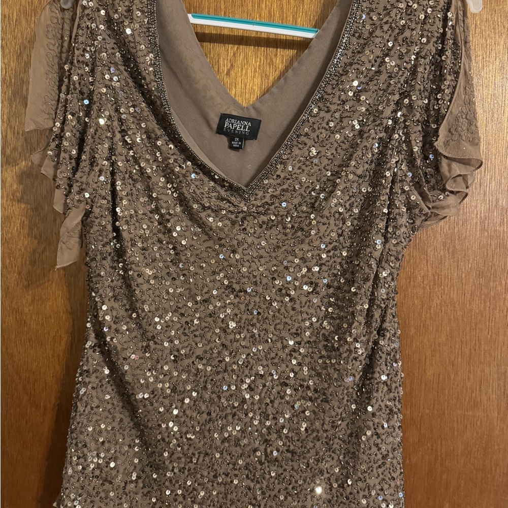 Adrianna Papell Sequin V-Neck Blouse in Brown - Picture 7 of 9